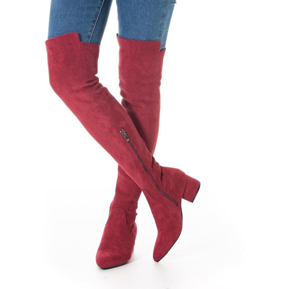 Women's Red Suede High Thigh Low Block Stylish Over-the-Knee Heel Boot - Picture 6 of 6